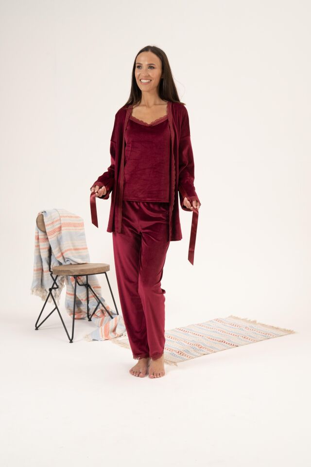 Kadın Kışlık 3 Parça Sabahlıklı Kadife Pijama Takımı M - Bordo