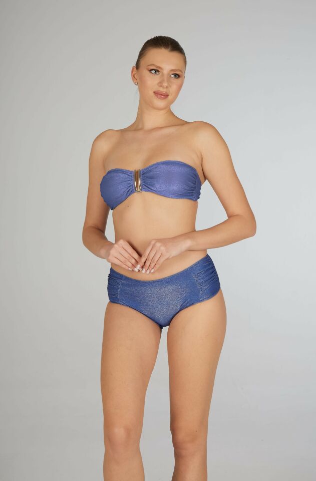 Estiva Kadın Parlak Mavi Yüksek Bel Britli Aksesuarlı Straplez Bikini Takımı