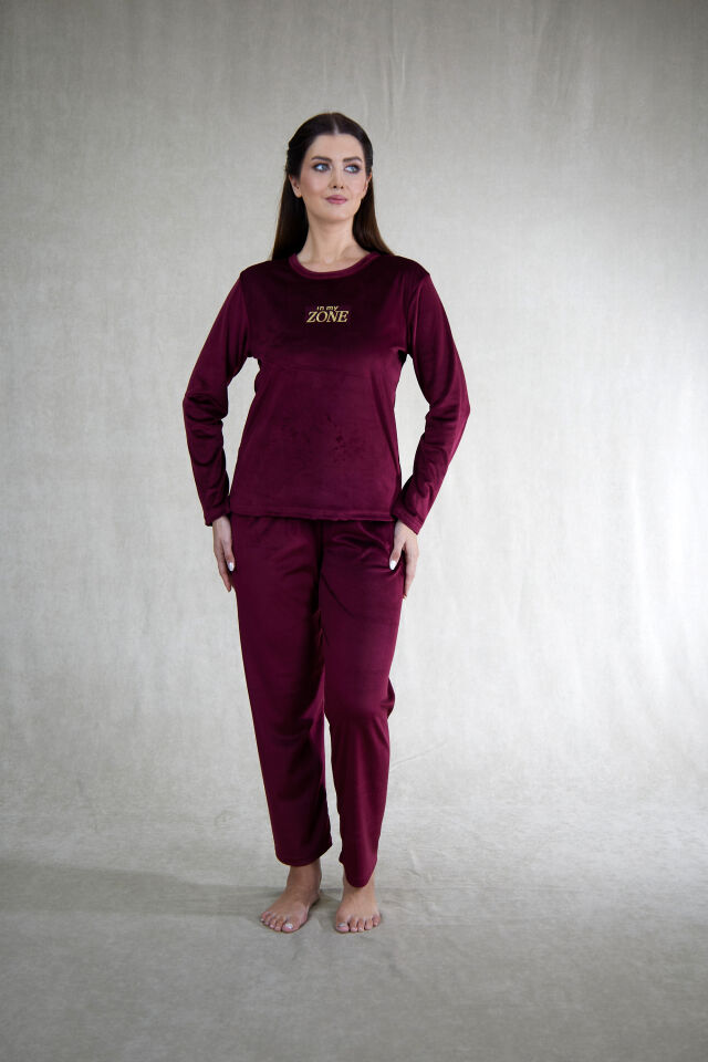 Estiva Kadın Zone Yazılı Kadife Pijama Takımı M - Mürdüm
