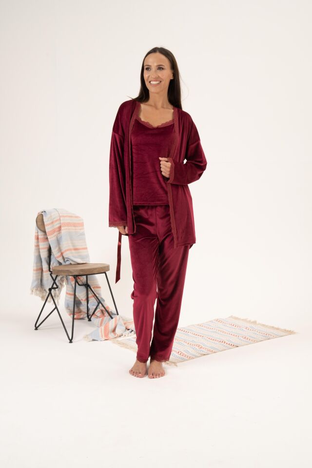 Kadın Kışlık 3 Parça Sabahlıklı Kadife Pijama Takımı L - Bordo
