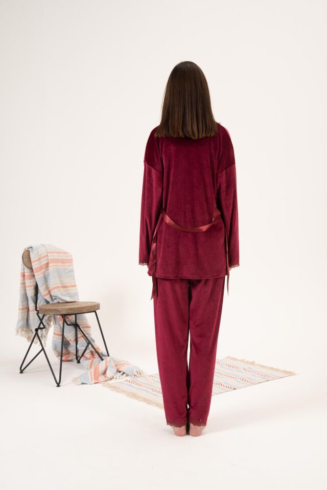 Kadın Kışlık 3 Parça Sabahlıklı Kadife Pijama Takımı L - Bordo