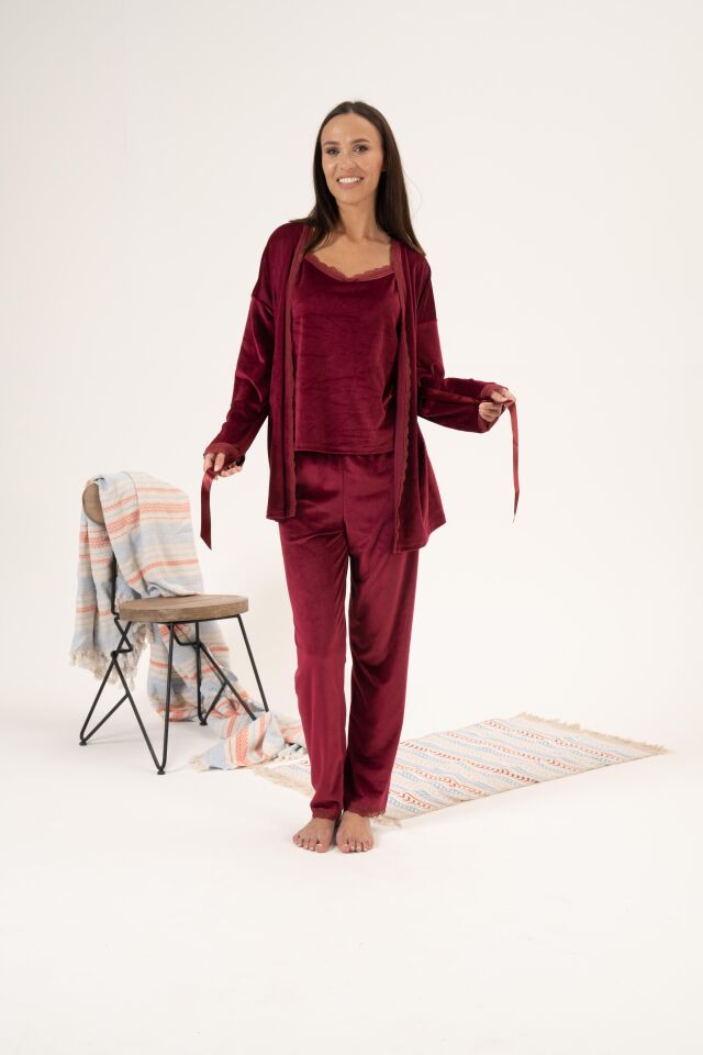 Kadın Kışlık 3 Parça Sabahlıklı Kadife Pijama Takımı L - Bordo