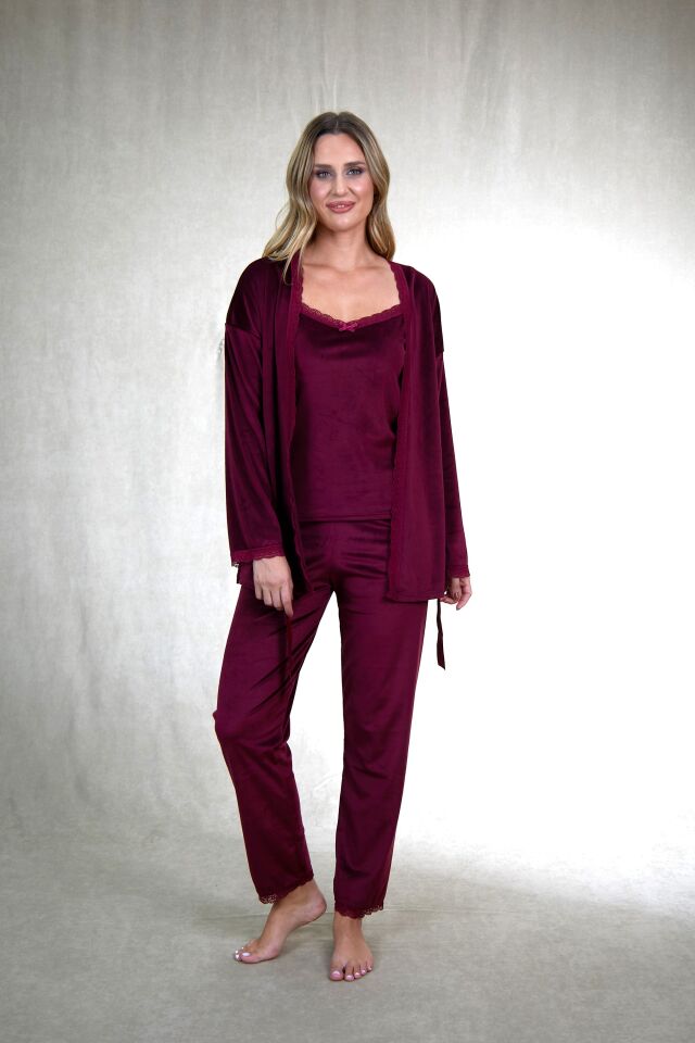 Kadın Kışlık 3 Parça Sabahlıklı Kadife Pijama Takımı L - Bordo