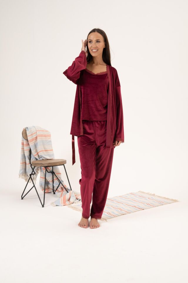 Kadın Kışlık 3 Parça Sabahlıklı Kadife Pijama Takımı L - Bordo
