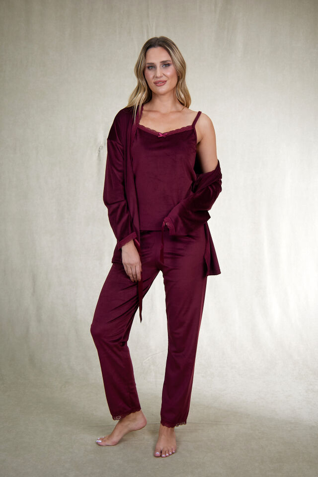 Kadın Kışlık 3 Parça Sabahlıklı Kadife Pijama Takımı L - Bordo