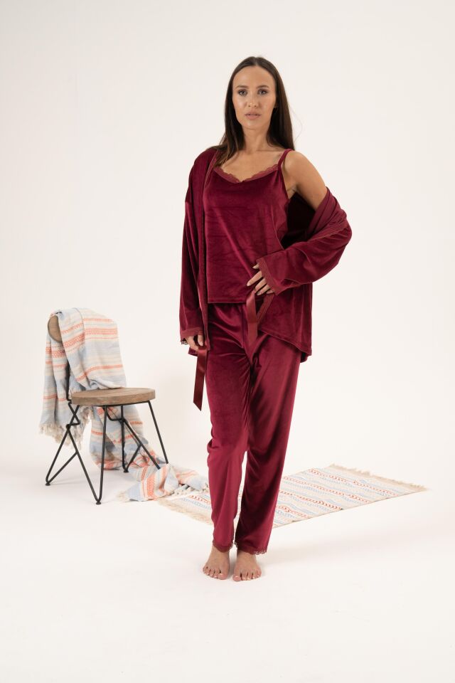 Kadın Kışlık 3 Parça Sabahlıklı Kadife Pijama Takımı XL - Bordo