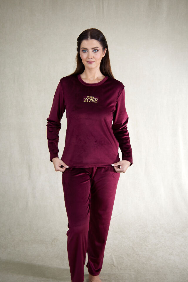 Estiva Kadın Zone Yazılı Kadife Pijama Takımı XL - Mürdüm