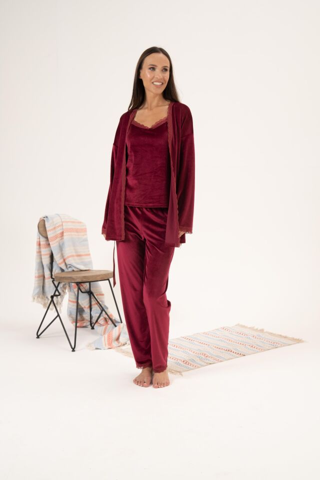 Kadın Kışlık 3 Parça Sabahlıklı Kadife Pijama Takımı 2XL - Bordo
