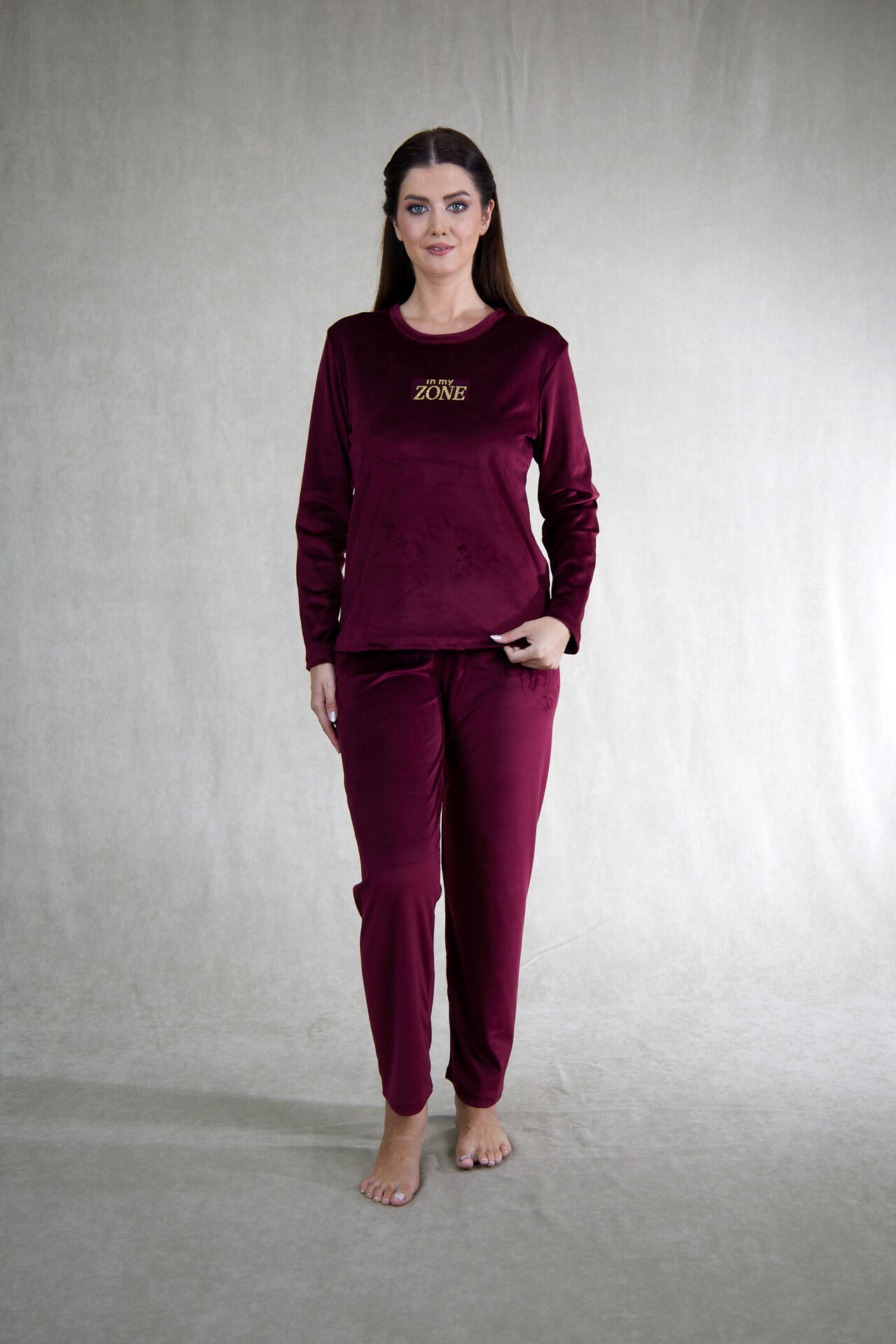 Estiva Kadın Zone Yazılı Kadife Pijama Takımı 2XL - Mürdüm