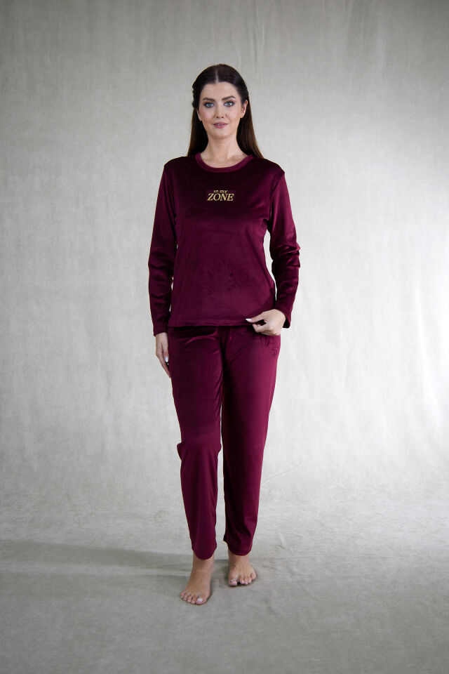 Estiva Kadın Zone Yazılı Kadife Pijama Takımı 2XL - Mürdüm