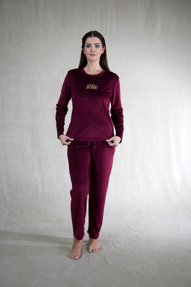 Estiva Kadın Zone Yazılı Kadife Pijama Takımı 2XL - Mürdüm