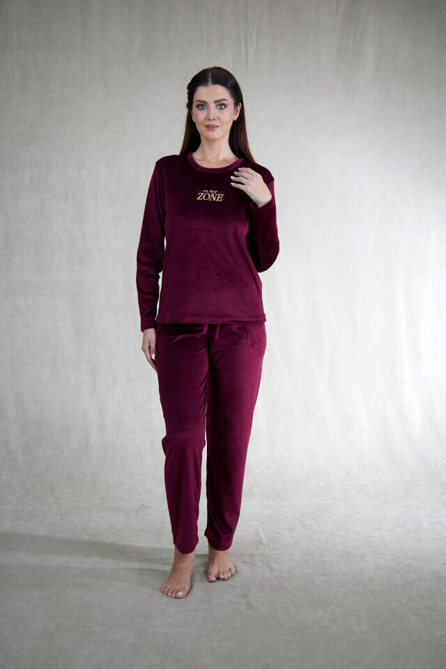 Estiva Kadın Zone Yazılı Kadife Pijama Takımı 2XL - Mürdüm
