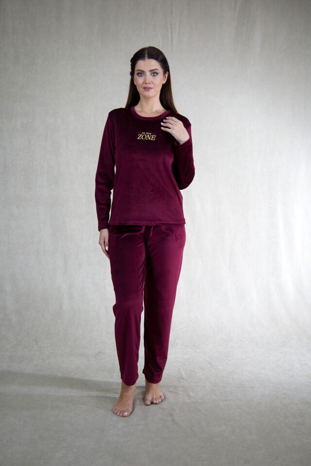 Estiva Kadın Zone Yazılı Kadife Pijama Takımı 2XL - Mürdüm