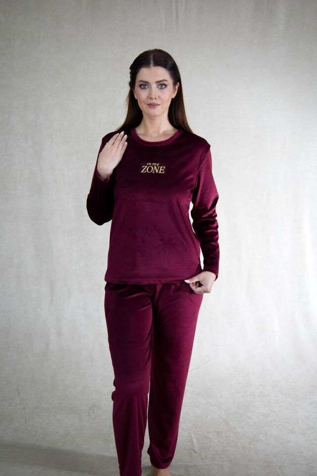 Estiva Kadın Zone Yazılı Kadife Pijama Takımı 2XL - Mürdüm