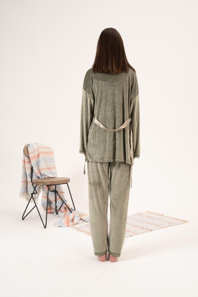 Kadın Kışlık 3 Parça Sabahlıklı Kadife Pijama Takımı M - Yeşil