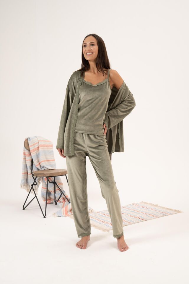 Kadın Kışlık 3 Parça Sabahlıklı Kadife Pijama Takımı L - Yeşil