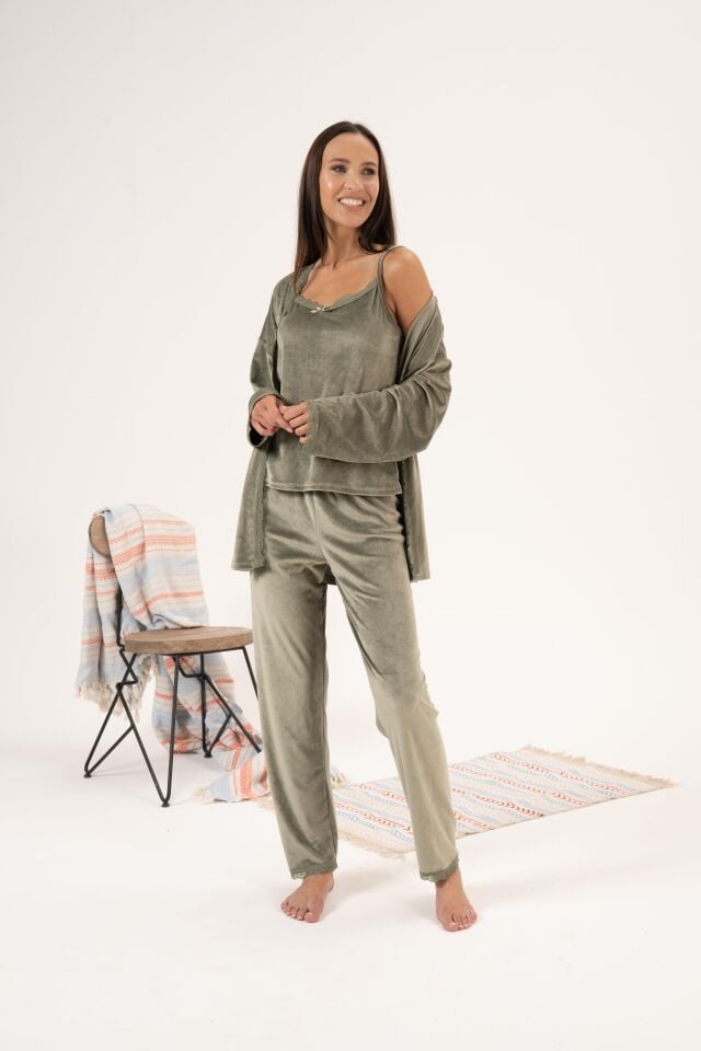 Kadın Kışlık 3 Parça Sabahlıklı Kadife Pijama Takımı L - Yeşil
