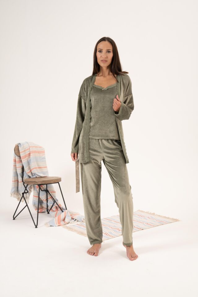 Kadın Kışlık 3 Parça Sabahlıklı Kadife Pijama Takımı L - Yeşil
