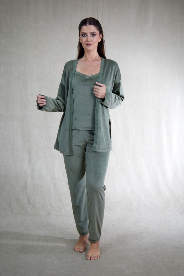 Kadın Kışlık 3 Parça Sabahlıklı Kadife Pijama Takımı XL - Yeşil