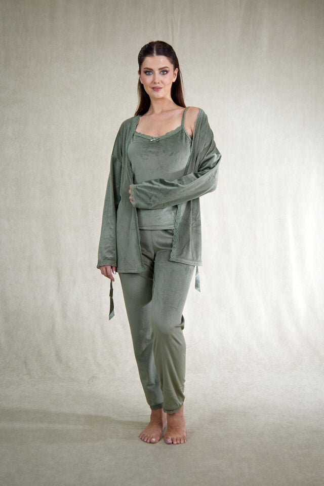 Kadın Kışlık 3 Parça Sabahlıklı Kadife Pijama Takımı XL - Yeşil