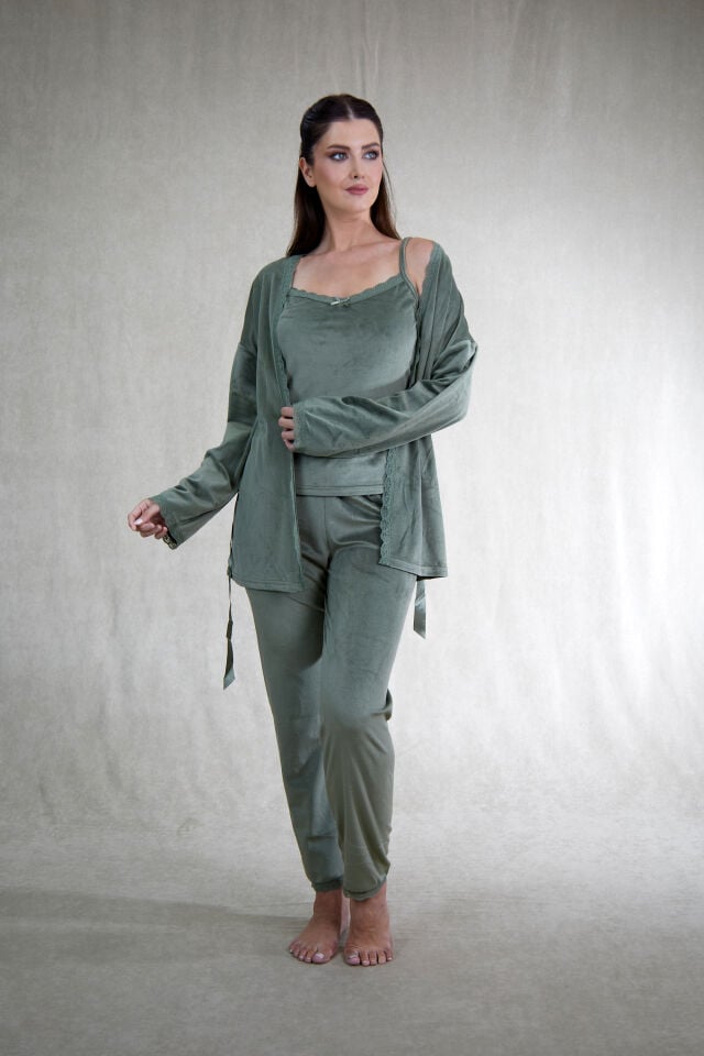 Kadın Kışlık 3 Parça Sabahlıklı Kadife Pijama Takımı XL - Yeşil