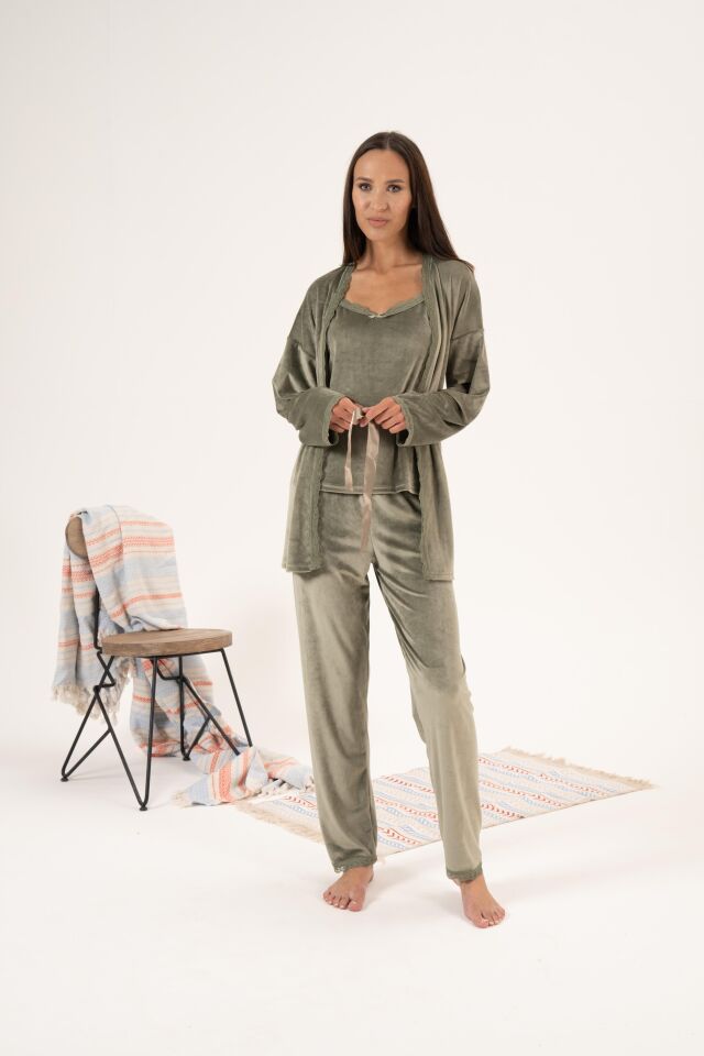 Kadın Kışlık 3 Parça Sabahlıklı Kadife Pijama Takımı XL - Yeşil