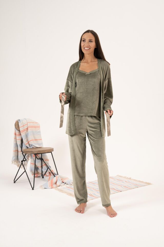 Kadın Kışlık 3 Parça Sabahlıklı Kadife Pijama Takımı 2XL - Yeşil