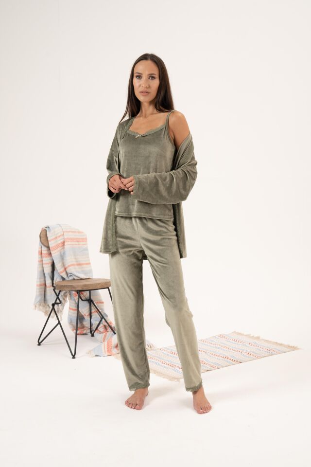 Kadın Kışlık 3 Parça Sabahlıklı Kadife Pijama Takımı 2XL - Yeşil