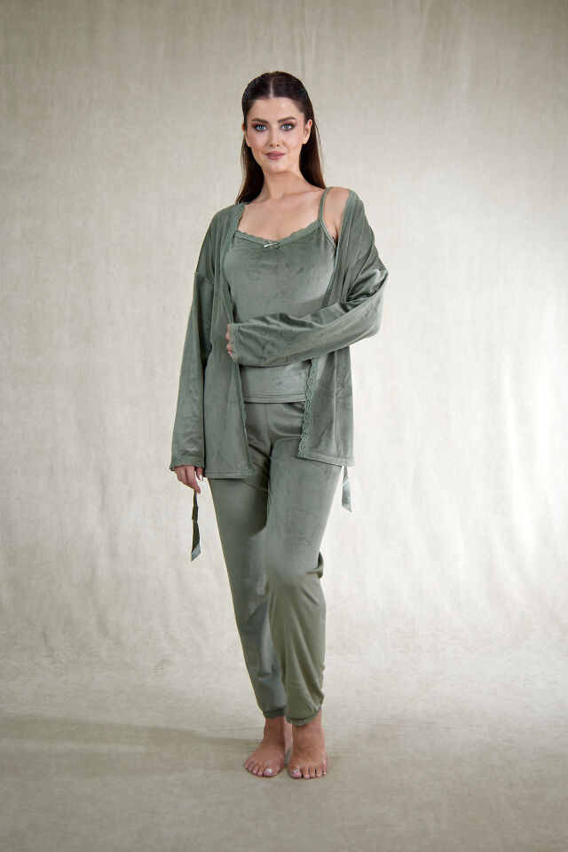 Kadın Kışlık 3 Parça Sabahlıklı Kadife Pijama Takımı 2XL - Yeşil