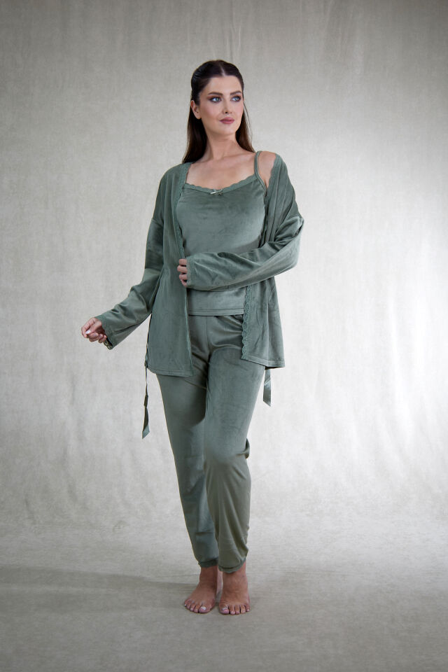 Kadın Kışlık 3 Parça Sabahlıklı Kadife Pijama Takımı 2XL - Yeşil