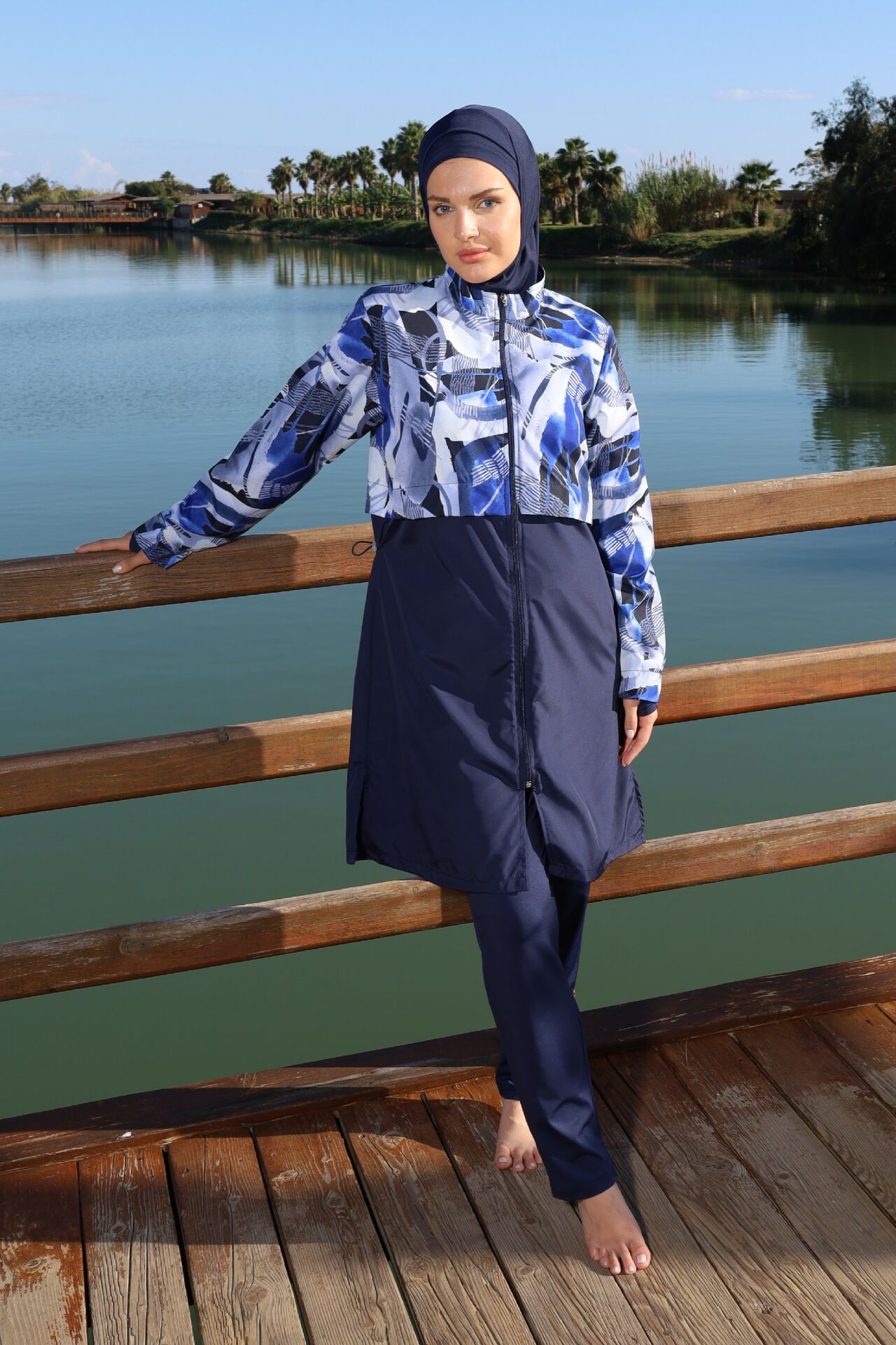 Estiva Blue Motion Tam Kapalı Croplu Pantolonlu Tesettür Mayo