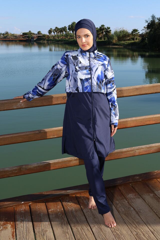 Estiva Blue Motion Tam Kapalı Croplu Pantolonlu Tesettür Mayo