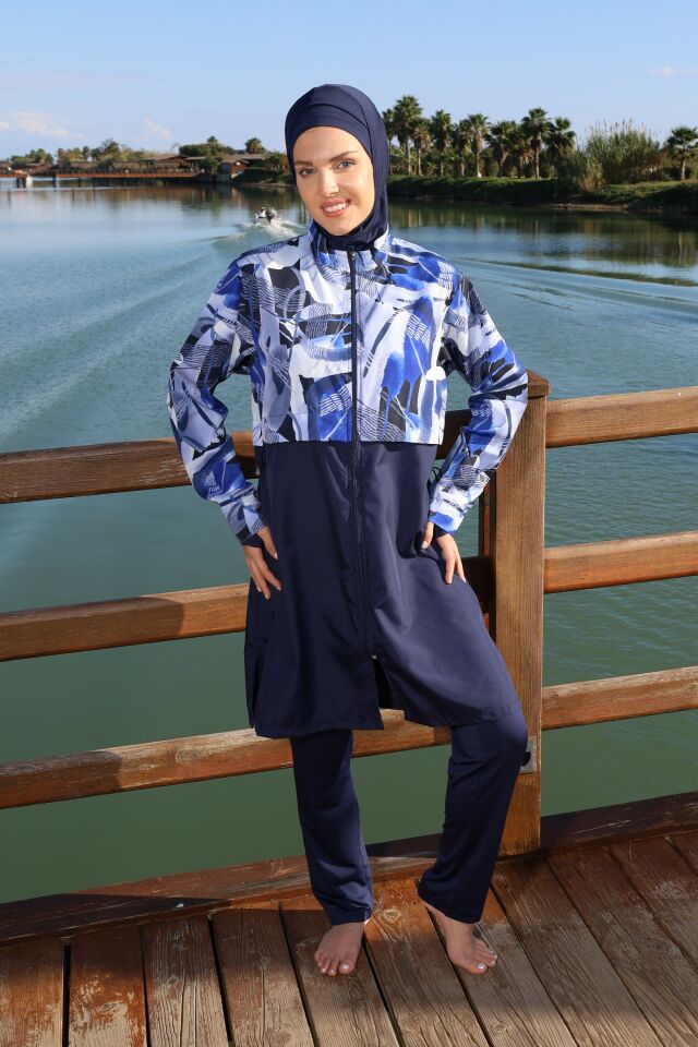 Estiva Blue Motion Tam Kapalı Croplu Pantolonlu Tesettür Mayo