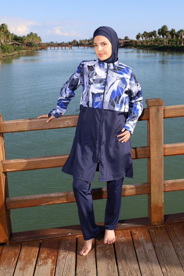 Estiva Blue Motion Tam Kapalı Croplu Pantolonlu Tesettür Mayo