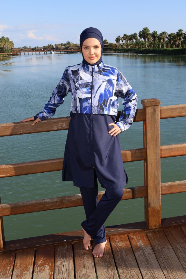 Estiva Blue Motion Tam Kapalı Croplu Pantolonlu Tesettür Mayo