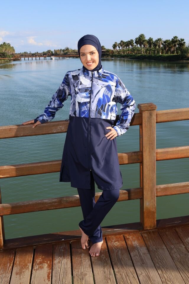 Estiva Blue Motion Tam Kapalı Croplu Pantolonlu Tesettür Mayo