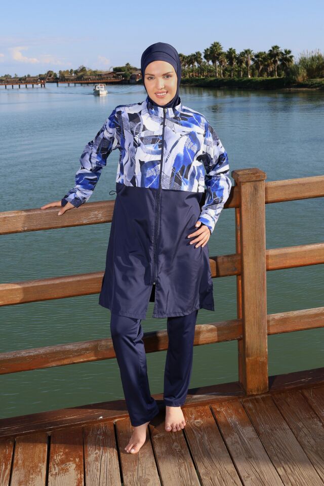 Estiva Blue Motion Tam Kapalı Croplu Pantolonlu Tesettür Mayo