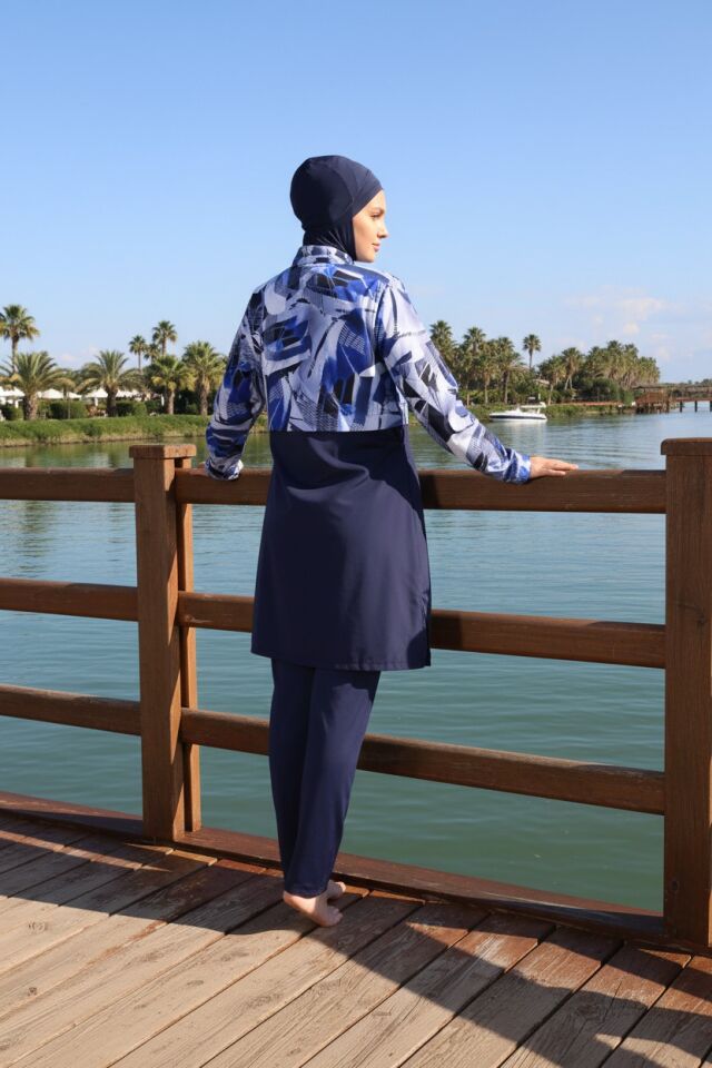 Estiva Blue Motion Tam Kapalı Croplu Pantolonlu Tesettür Mayo