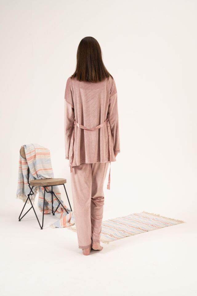 Kadın Kışlık 3 Parça Sabahlıklı Kadife Pijama Takımı L - Pudra