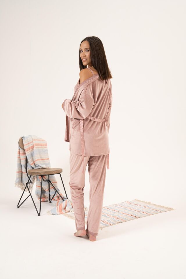Kadın Kışlık 3 Parça Sabahlıklı Kadife Pijama Takımı L - Pudra