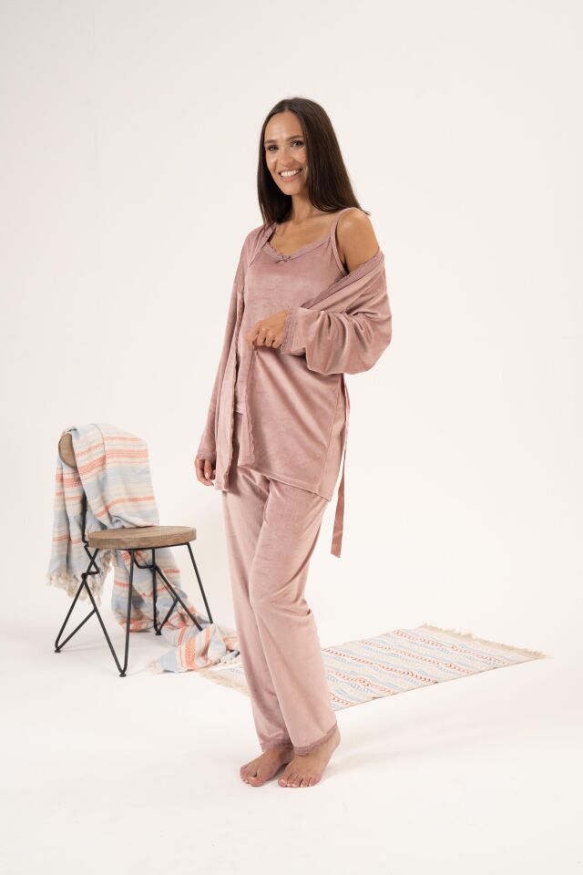 Kadın Kışlık 3 Parça Sabahlıklı Kadife Pijama Takımı XL - Pudra