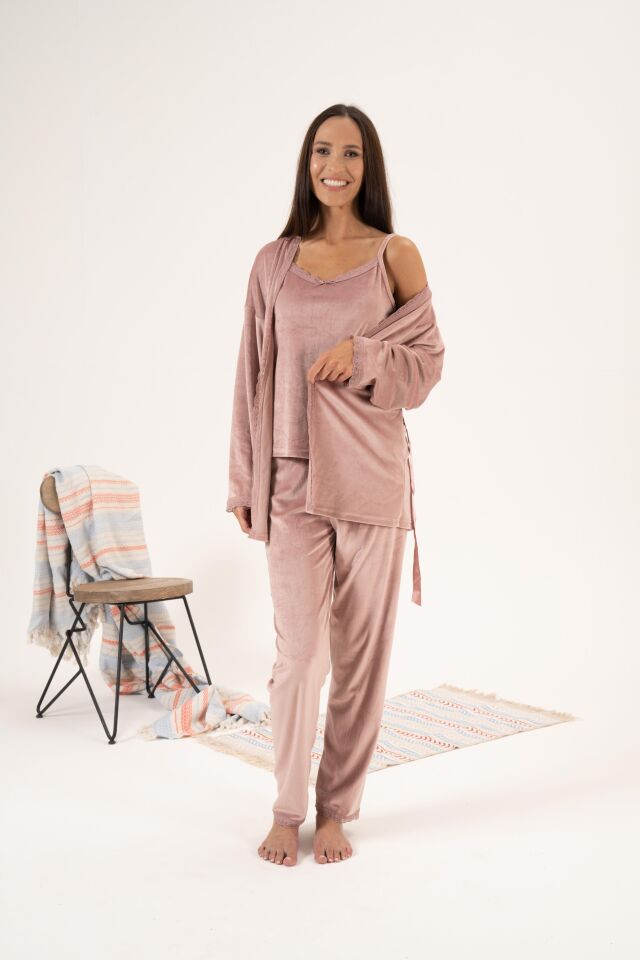 Kadın Kışlık 3 Parça Sabahlıklı Kadife Pijama Takımı XL - Pudra