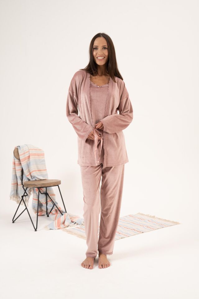 Kadın Kışlık 3 Parça Sabahlıklı Kadife Pijama Takımı XL - Pudra