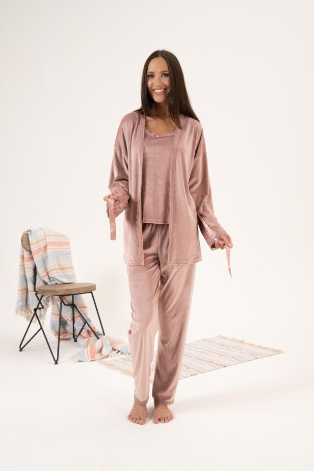 Kadın Kışlık 3 Parça Sabahlıklı Kadife Pijama Takımı XL - Pudra