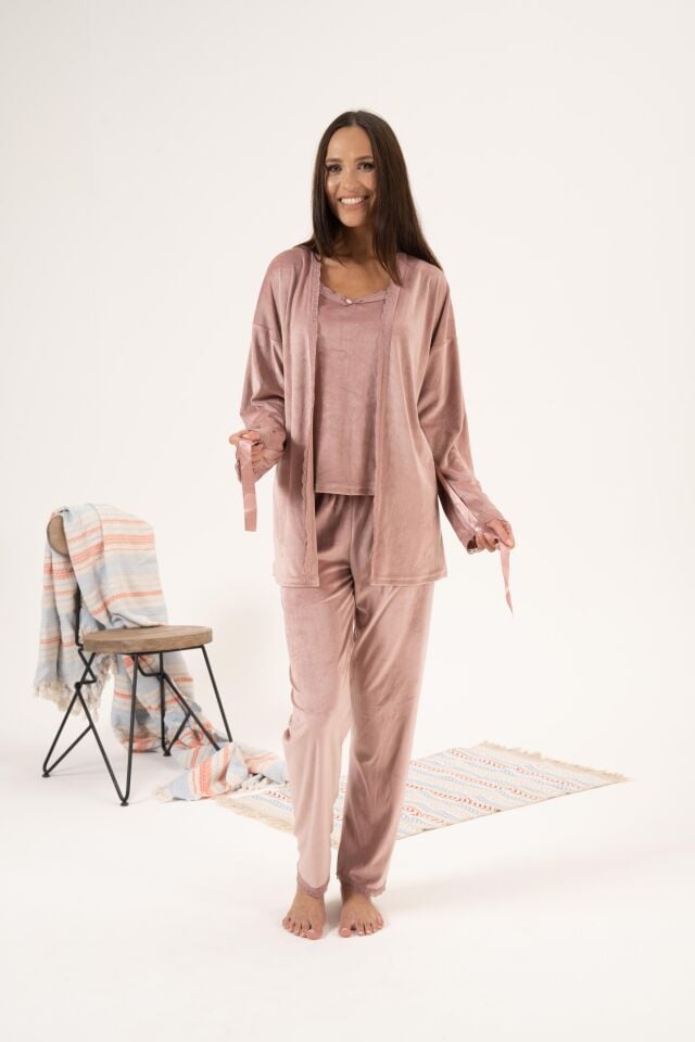 Kadın Kışlık 3 Parça Sabahlıklı Kadife Pijama Takımı XL - Pudra
