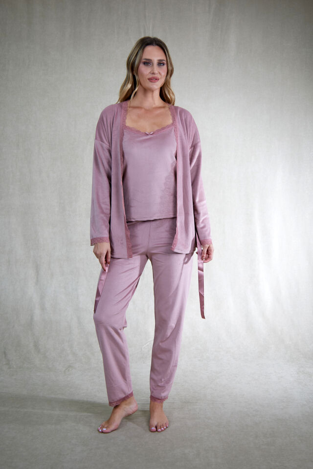 Kadın Kışlık 3 Parça Sabahlıklı Kadife Pijama Takımı 2XL - Pudra