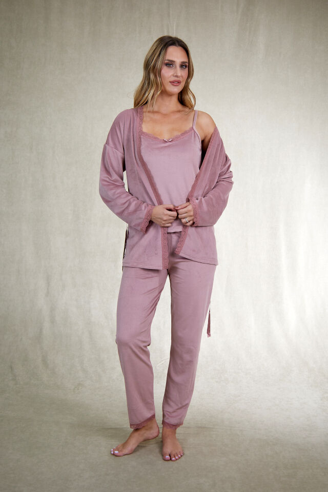 Kadın Kışlık 3 Parça Sabahlıklı Kadife Pijama Takımı 2XL - Pudra