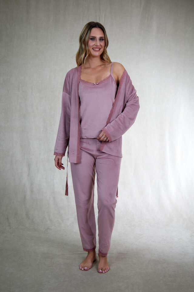 Kadın Kışlık 3 Parça Sabahlıklı Kadife Pijama Takımı 2XL - Pudra
