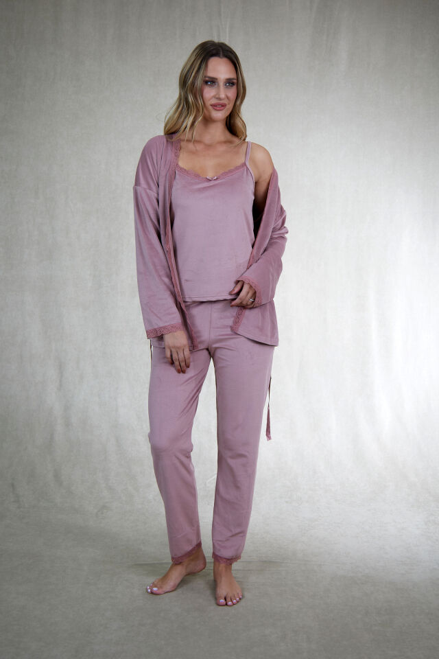 Kadın Kışlık 3 Parça Sabahlıklı Kadife Pijama Takımı 2XL - Pudra