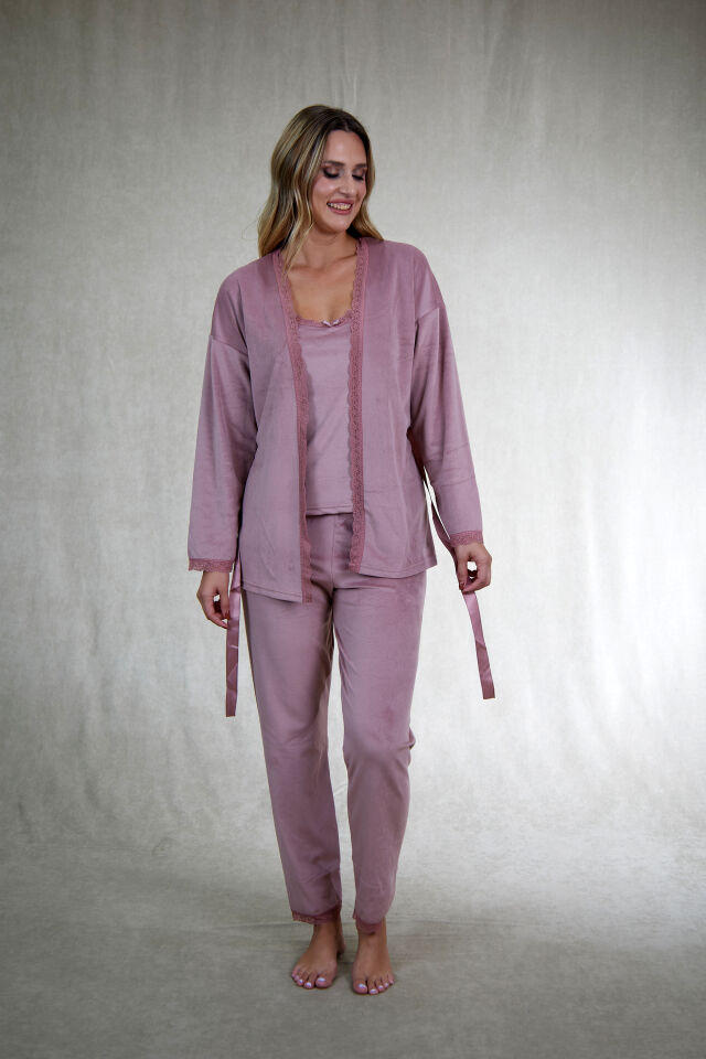 Kadın Kışlık 3 Parça Sabahlıklı Kadife Pijama Takımı 2XL - Pudra